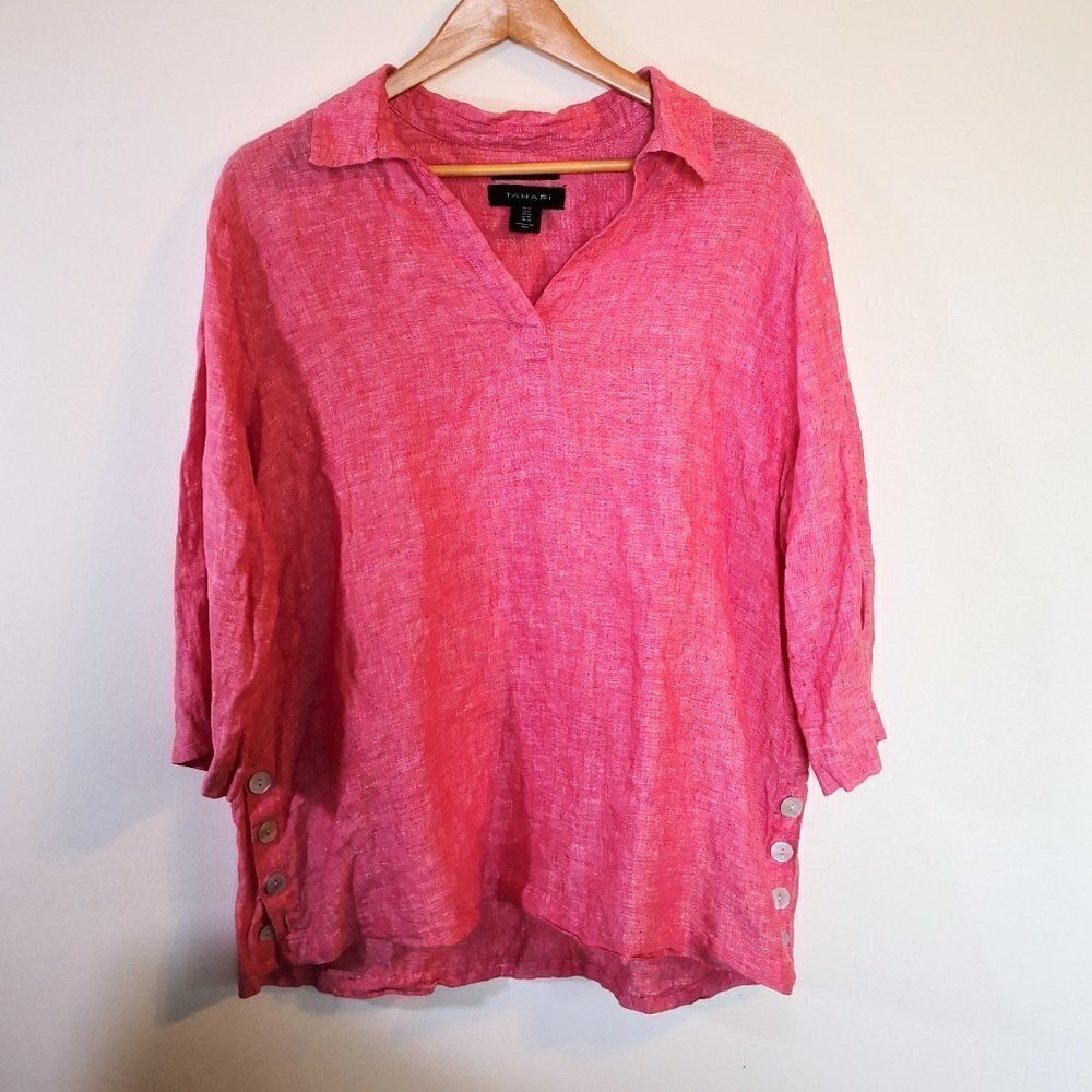 Tahari 100% Linen 3/4‎ Sleeve Blouse Pink Size 1X